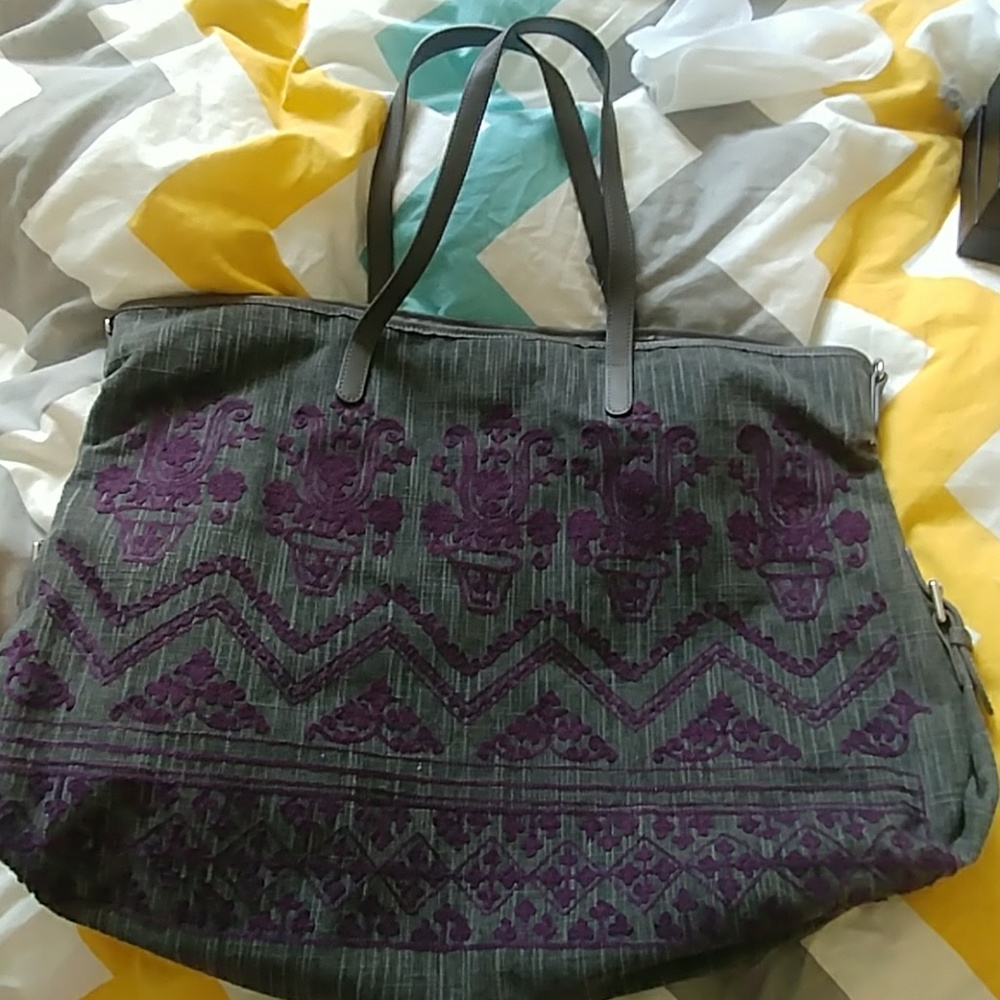 Pottery Barn Kids Charcoal/Plum Embroidered Bag